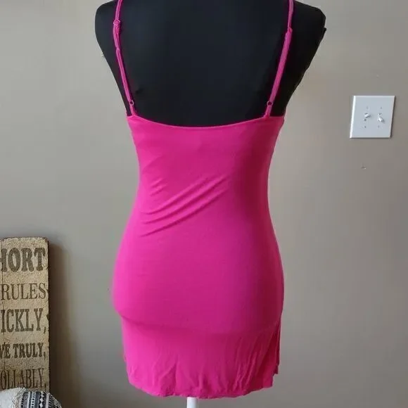 Free People Bright Pink Double Mini Dress with Detachable Lace Outer Dress No Sz - Picture 8 of 11